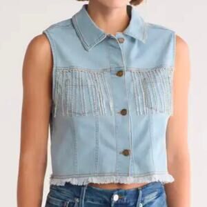 NWT BEBE DENIM Crystal Fringe Western Cowboycore Denim Vest, Sz M
